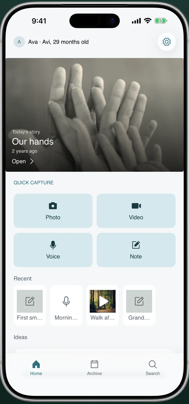 Everkeep baby journal app home screen with quick capture buttons for photo, video, voice and note, and today's story